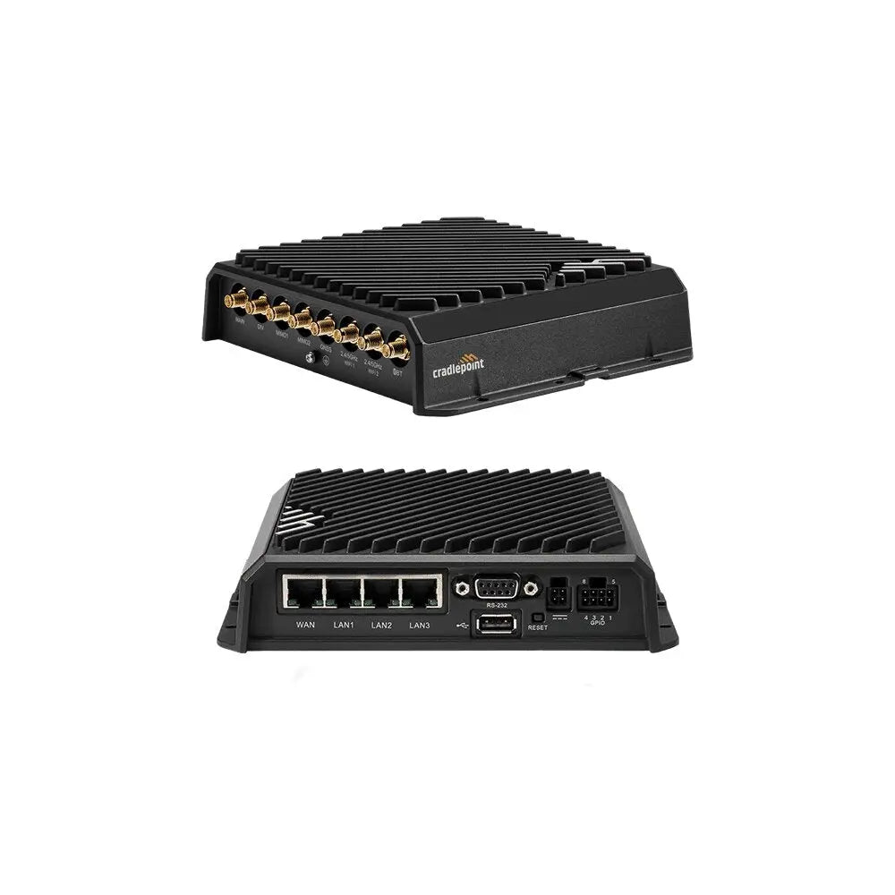 Side and back view of the Ericsson Cradlepoint R1900 showcasing its rugged design for robust vehicle deployments.