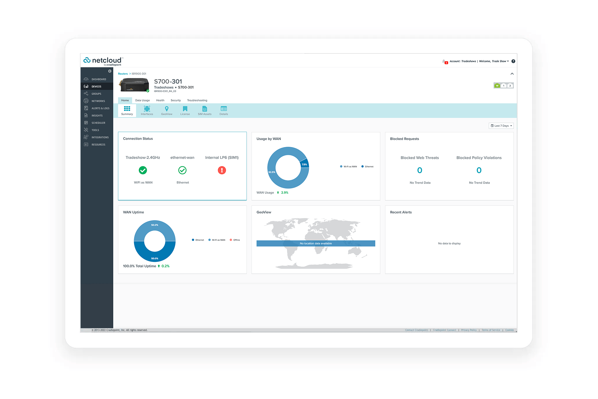 NetCloud Manager router services view for the Cradlepoint S700 series