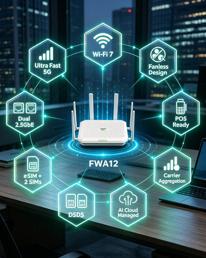 InHand FWA12 feature overview: 5G, Wi-Fi 7, fanless, dual 2.5GbE, POS Ready, eSIM plus 2 SIMs