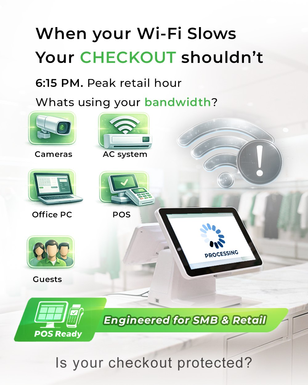 InHand FWA12 POS Ready mode protecting checkout bandwidth at peak retail hours