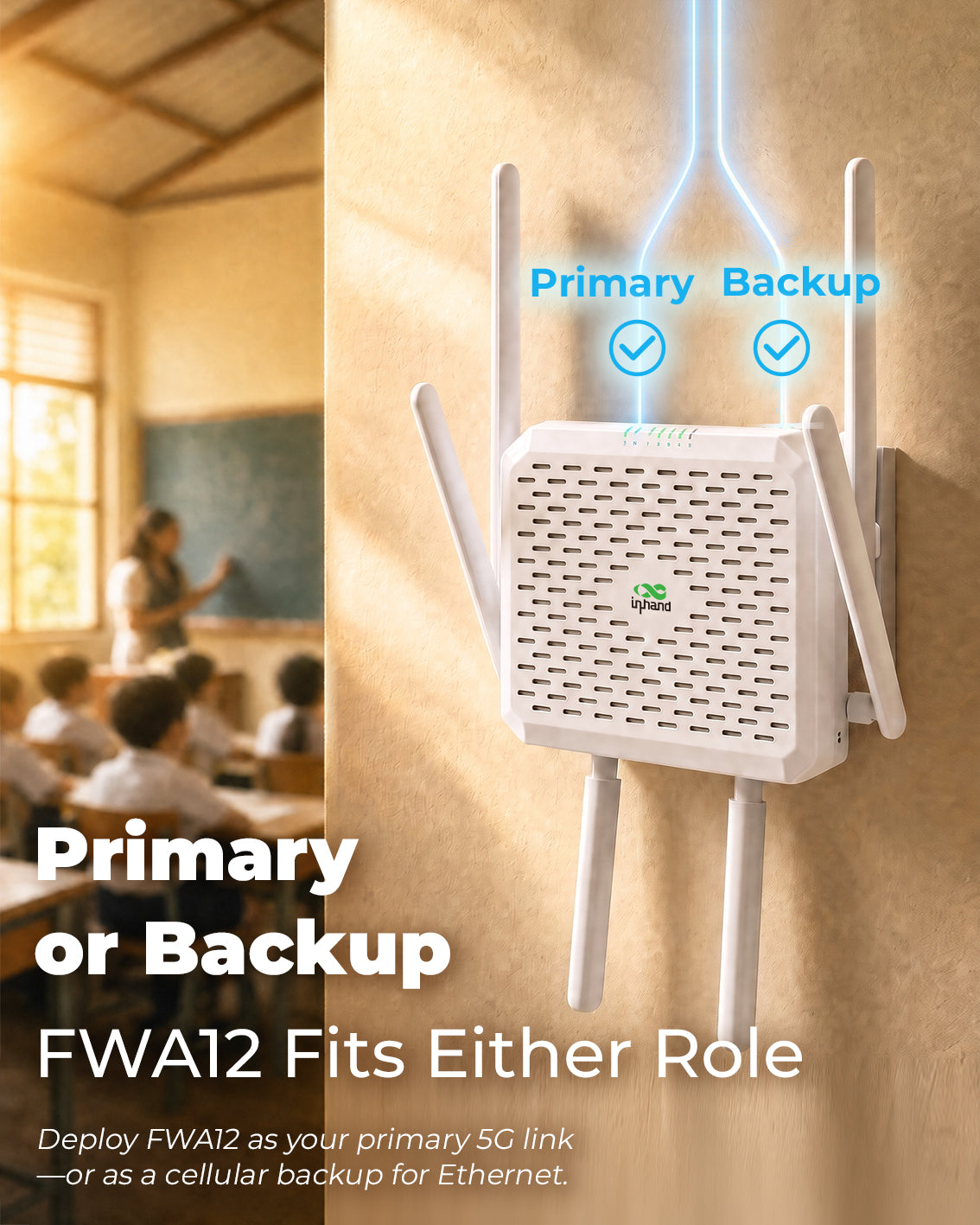 InHand FWA12 as primary or backup 5G link in a school classroom