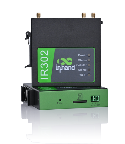 InHand IR302 industrial LTE router, DIN-rail metal enclosure with antenna connectors