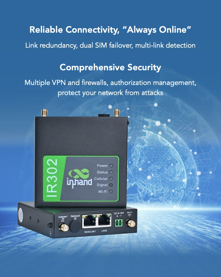 InHand IR302 dual SIM failover, multi-link detection, VPN and firewall