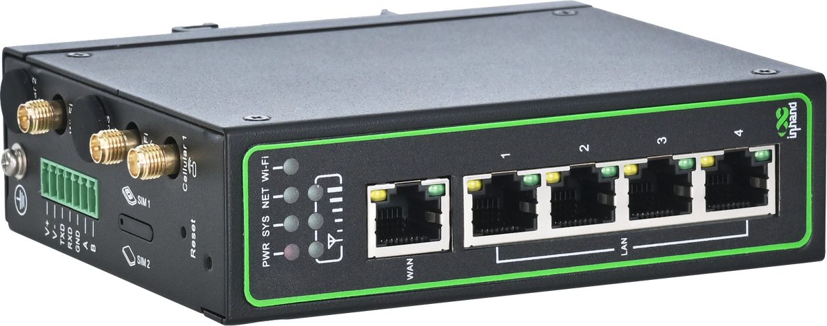 InHand IR315 industrial LTE router showing five Ethernet ports and antenna connectors