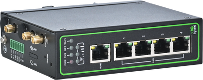 InHand IR315 industrial LTE router showing five Ethernet ports and antenna connectors