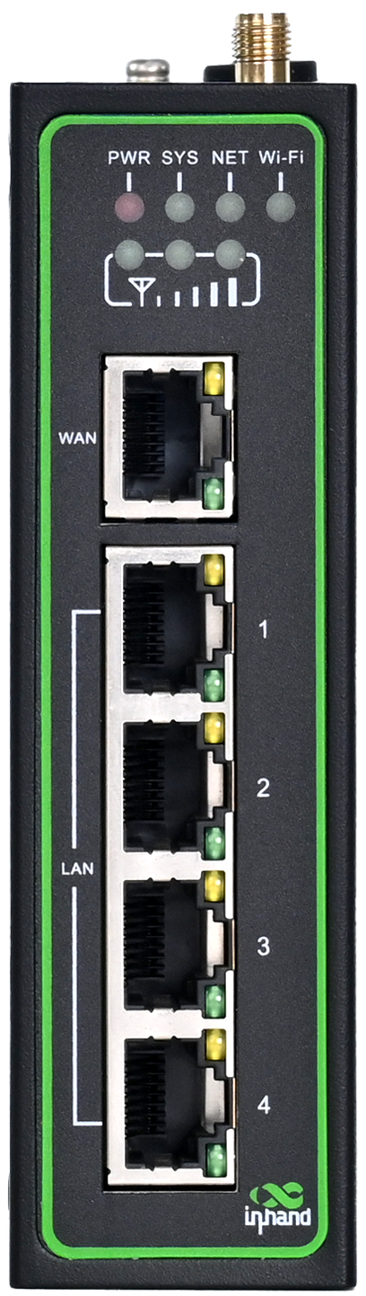 InHand IR315 industrial LTE router, front panel with WAN and LAN ports