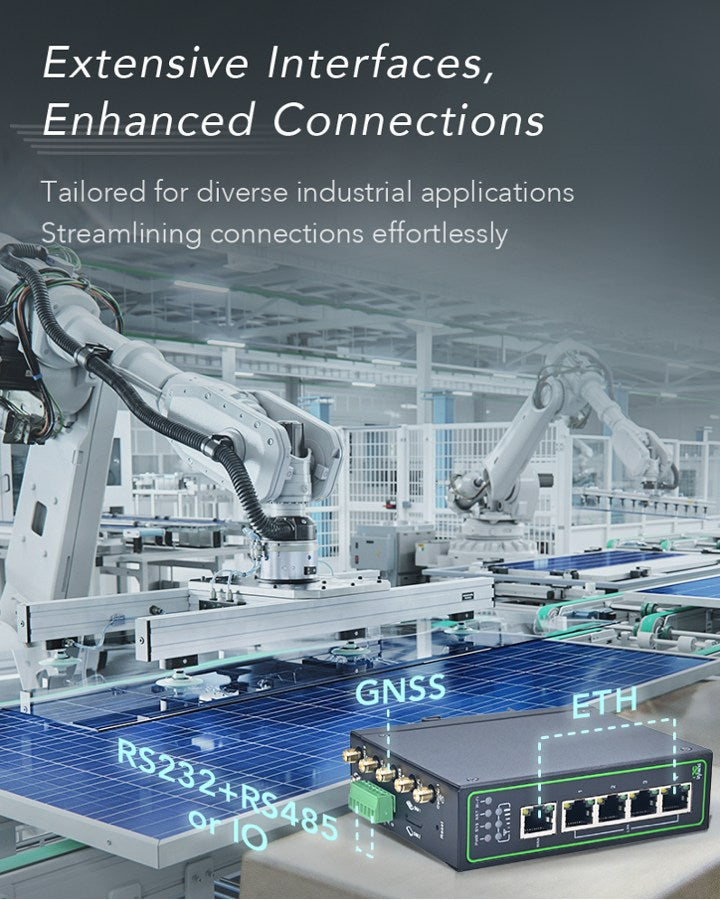 InHand IR315 interfaces: RS-232, RS-485, GNSS, Ethernet on a factory floor