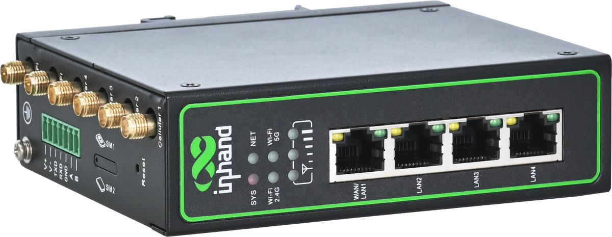 InHand IR624 industrial 5G router with four gigabit Ethernet ports and antenna connectors