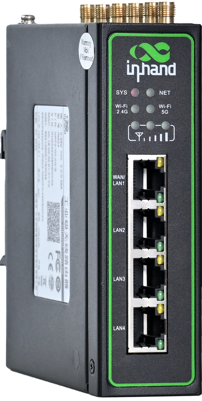 InHand IR624 industrial 5G router, side view showing DIN-rail mount