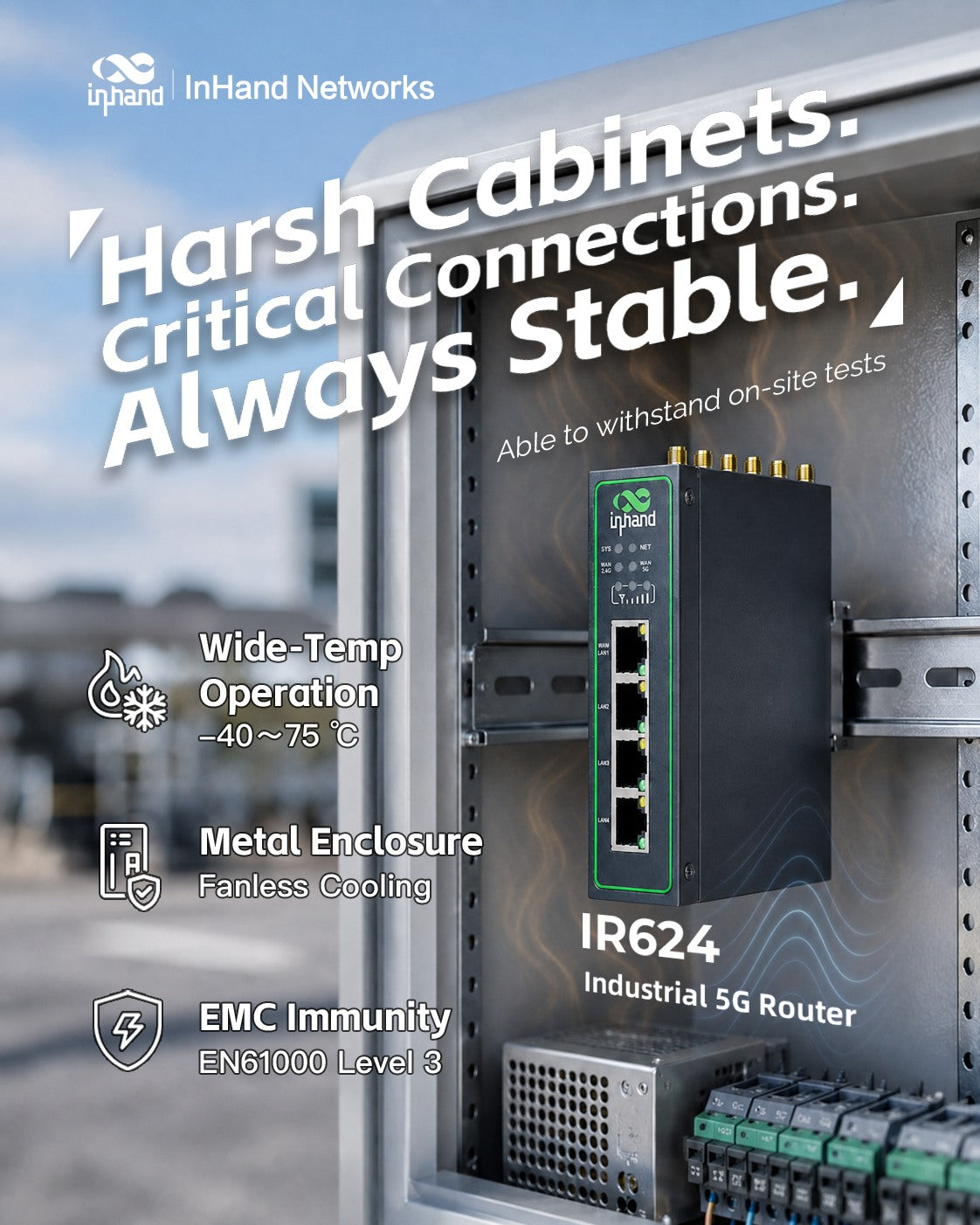 InHand IR624 built for harsh cabinets: wide temperature, metal enclosure, EMC immunity