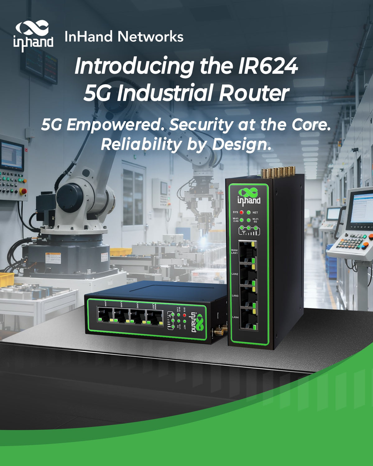 InHand IR624 5G router in a factory robot monitoring application