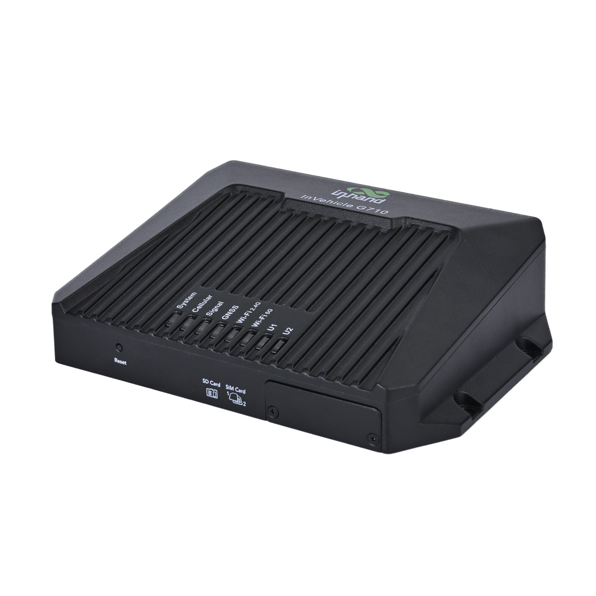 InHand VG710 5G in-vehicle gateway, die-cast aluminum housing, angled view